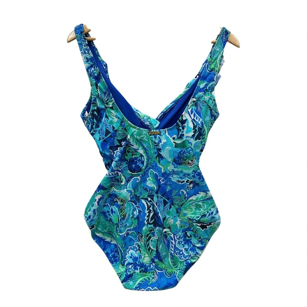 Lauren Ralph Lauren Blue Green Tropical Paisley Ruffle One Piece Swimsuit 12